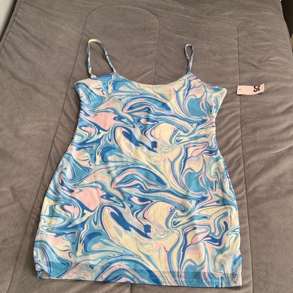 Kohls So. Swirl Print Spaghetti Strap Mini Dress marble Pastel Blue & Pink Sz L